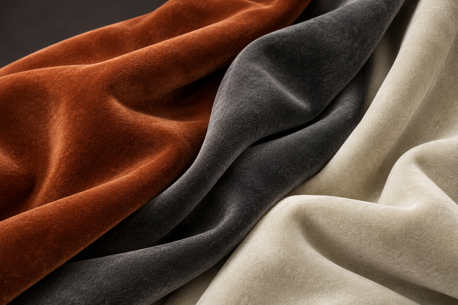 AI material concept: rust, charcoal and ivory flocked fabric arranged in soft folds