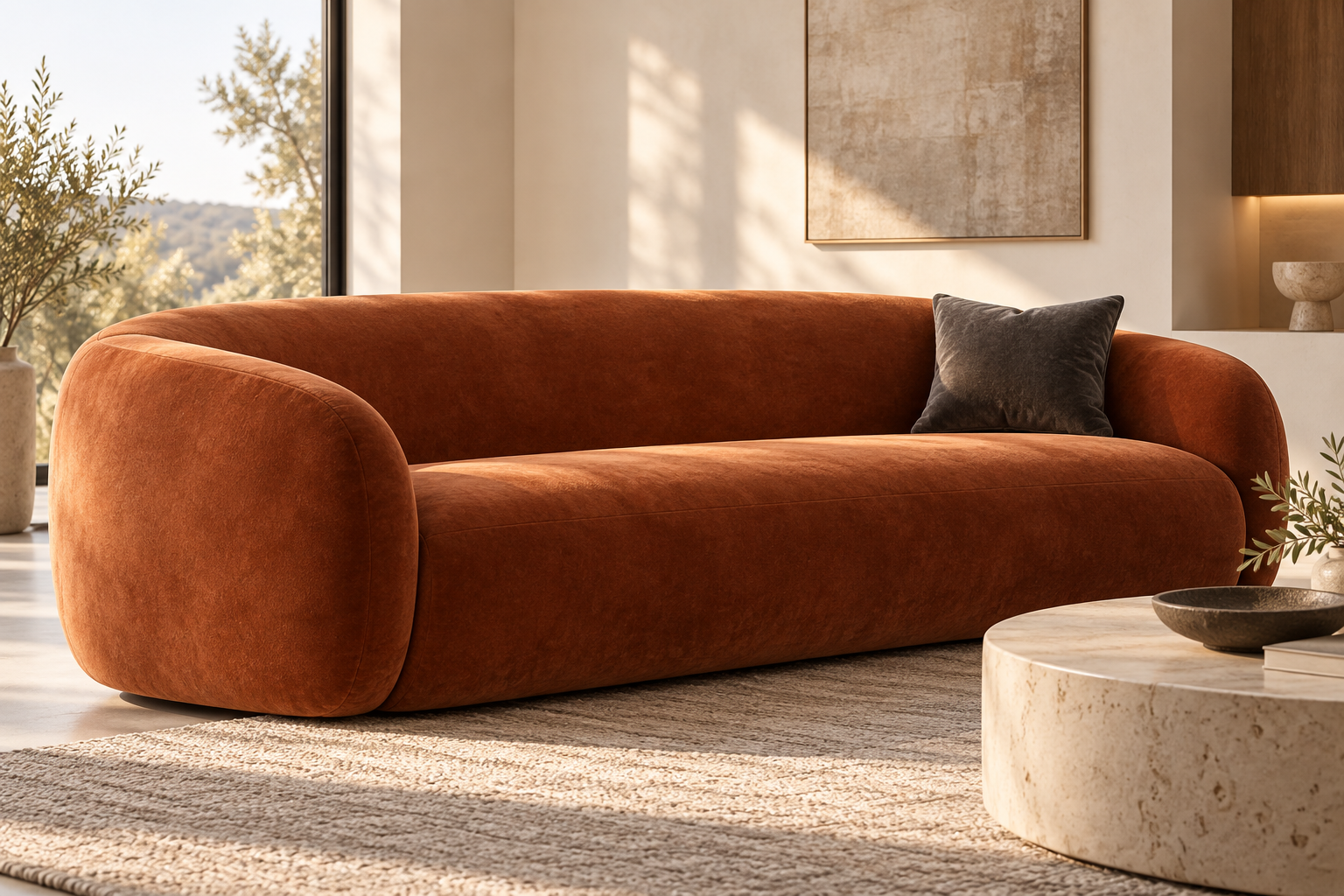 AI application concept: a rust-coloured flocked sofa in a sunlit contemporary interior