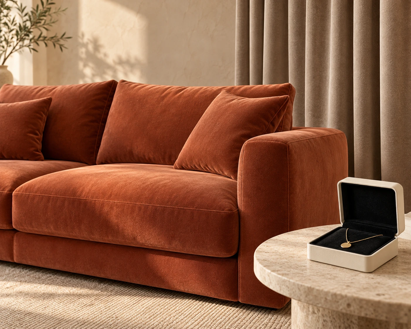 Application visualisation: terracotta flocked-fabric sofa, taupe curtains and an ivory jewellery box with black flocked lining